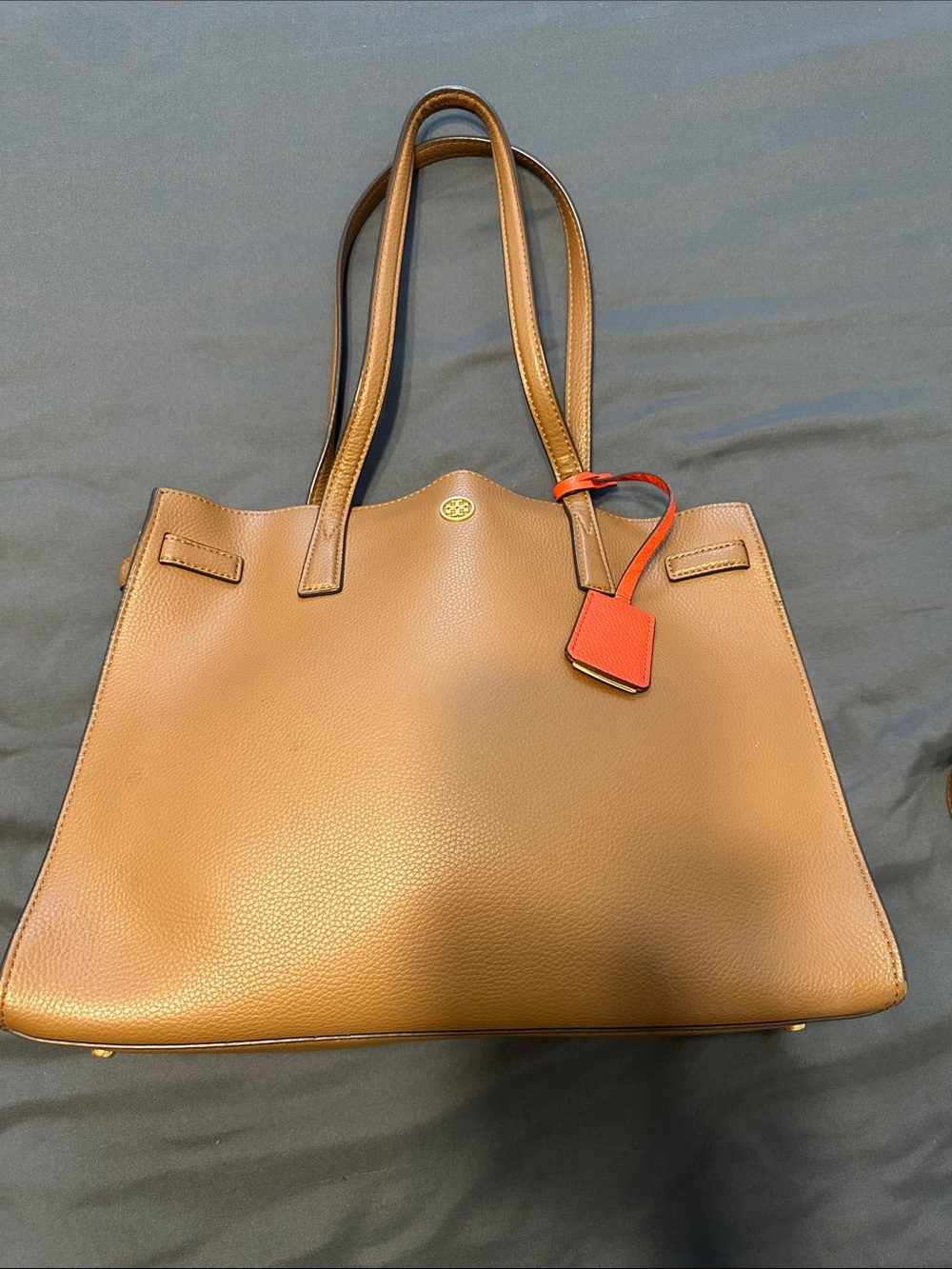 Tory Burch Cognac Leather Tote with Orange Tag